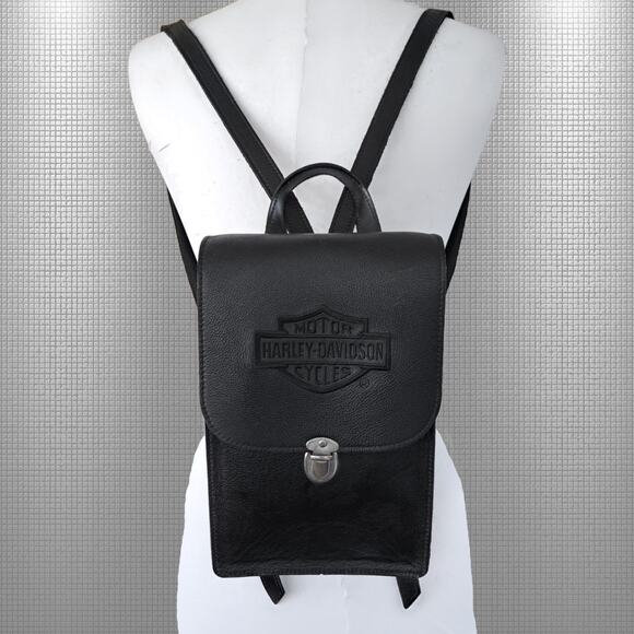 Harley-Davidson Handbags - Vintage Harley-Davidson Cycles Black Leather Mini Backpack - Embroidered Logo